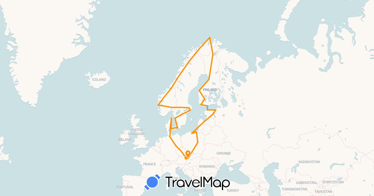 TravelMap itinerary: boat, hitchhiking in Austria, Czech Republic, Germany, Denmark, Estonia, Finland, Lithuania, Latvia, Norway, Poland, Russia, Sweden, Slovakia (Europe)